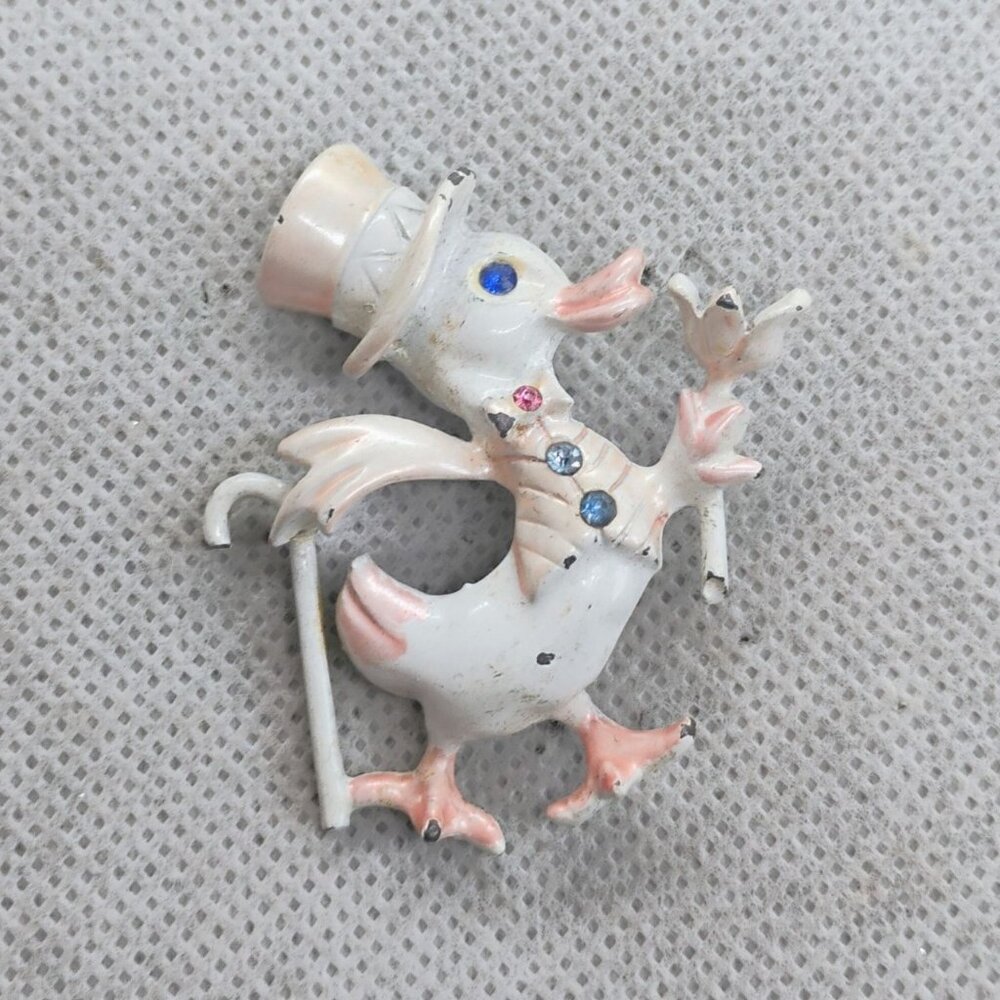 Vintage BJ Enamel Duck Brooch Pin w/Cane & Top Hat White w/Rhinestones 2" - Picture 2 of 4